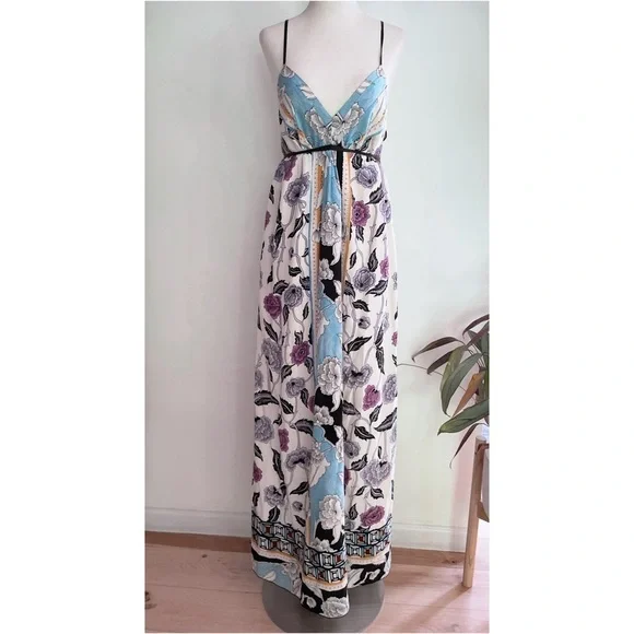 EUC Hale Bob 100% Silk Floral Mirror Flower Fauna Print V-Neck Maxi Dress M​​​​